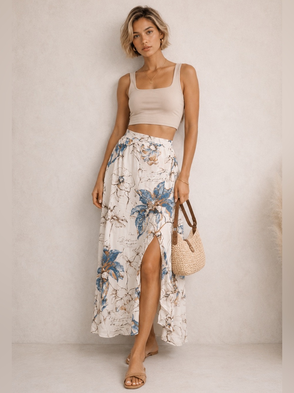 Y2K Floral Maxi Skirt Watercolor Slit Fairycore Romantic Ell-Jay Size M